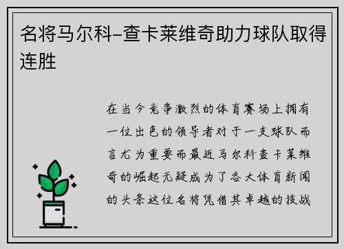 名将马尔科-查卡莱维奇助力球队取得连胜